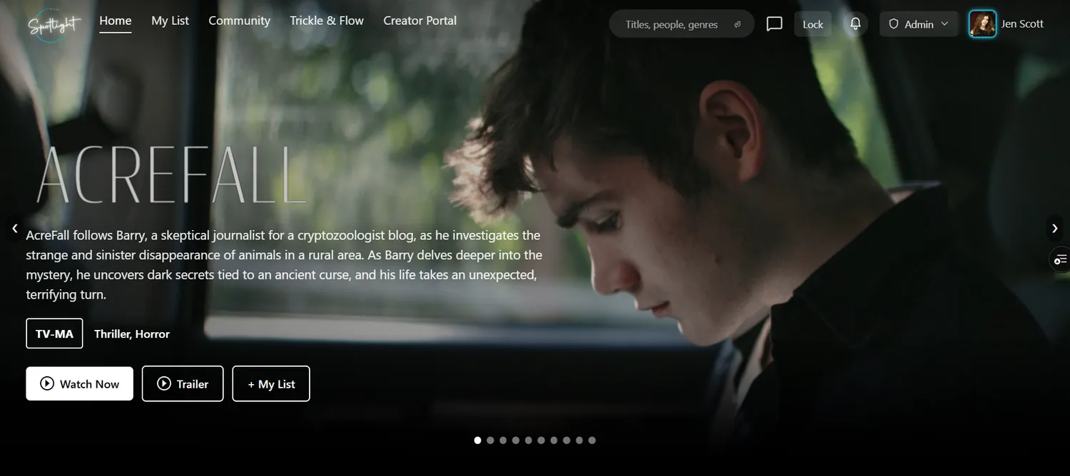 AcreFall on the CGP Spotlight web player, with its own hero artwork, synopsis, rating and Watch Now button